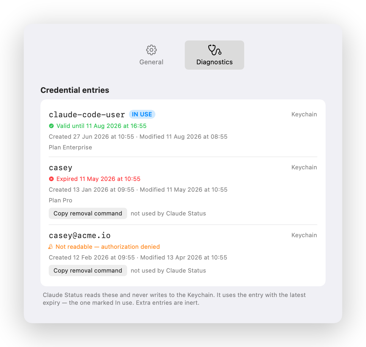 Diagnostics tab listing Keychain credential entries
