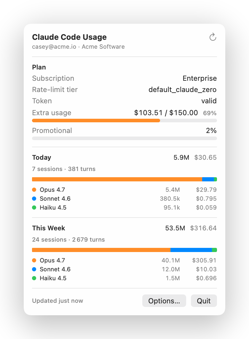 Claude Status popup showing Enterprise plan with Extra Usage 69% and per-model breakdown