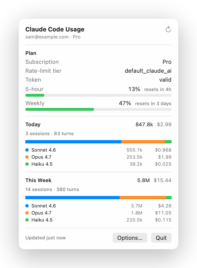 Claude Status popup showing Pro plan with 5-hour and weekly utilization