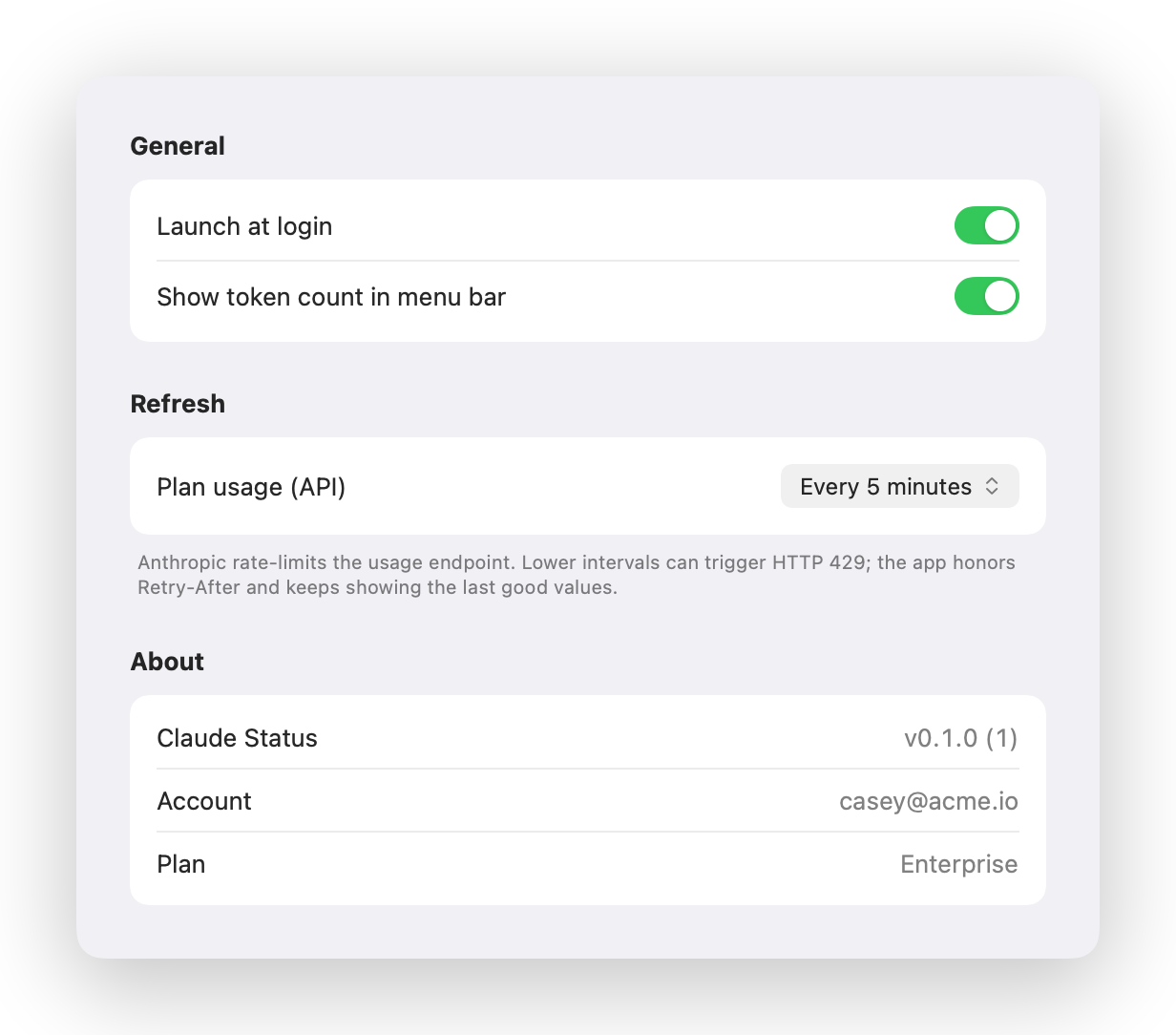 Settings window